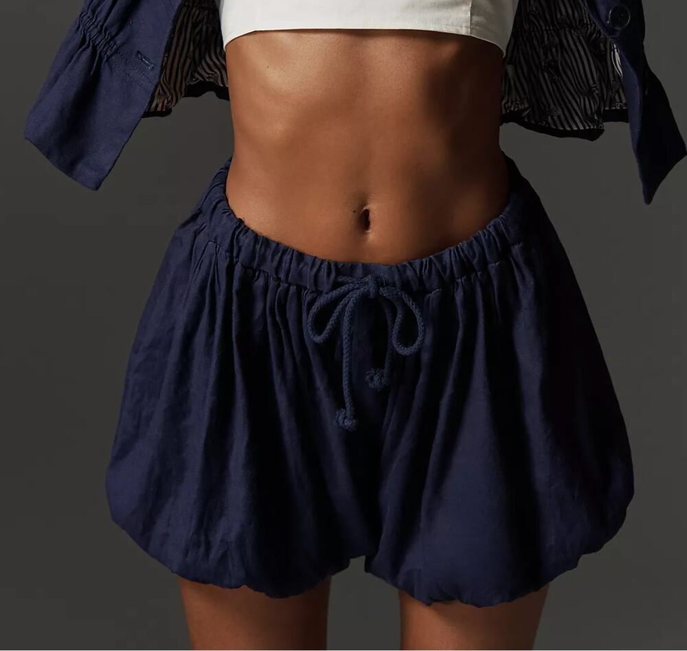 Maeve Anthropologie Linen Blend Cabana Bloomer Bubble Hem Shorts Navy Blue Small